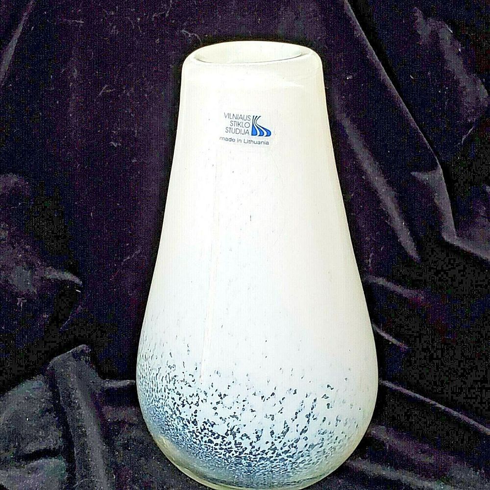 Vilniaus Stiklo Studija Lithuania Art Glass Vase White & Clear Abstract Handmade